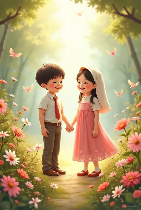 two boys holding their hands, a boy in a tie and pants and a girl with a white cloth on her head that is not rolled up or tied and a long pink dress, Smiling in the background flowers and animals