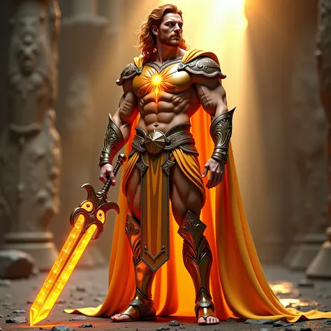 Make a 3d full body hyper photorealistic character of the hero. incredibly handsome and extremely muscular body builder with narrow waist and big muscular legs and big well rounded buttocks. Wearing small crown band. Medium length reddish blond loose curly...