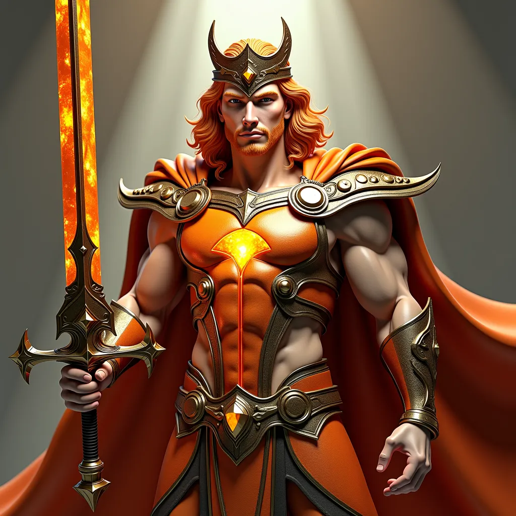 Make a 3d full body hyper photorealistic character of the hero. incredibly handsome and extremely muscular body builder with narrow waist and big muscular legs and big well rounded buttocks. Wearing small crown band. Medium length reddish blond loose curly...