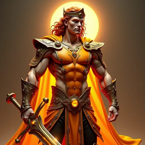 Make a 3d full body hyper photorealistic character of the hero. incredibly handsome and extremely muscular body builder with narrow waist and big muscular legs and big well rounded buttocks. Wearing small crown band. Medium length reddish blond loose curly...