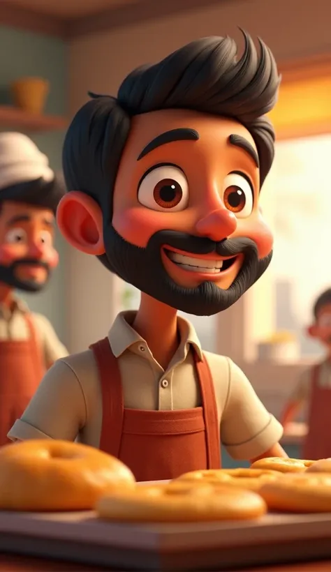 Create 3D Cartoon Style Image Scene 3: A close-up shot of Ravi welcoming customers with a warm smile while wearing an apron. Behind him, Ajay is preparing the tangy water, and Sameer is arranging fresh puris on a tray.
