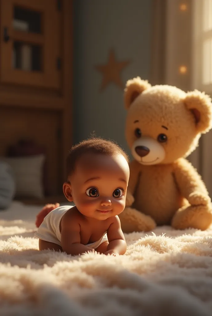 an ethiopian baby calling baba, behined there is teddy bear