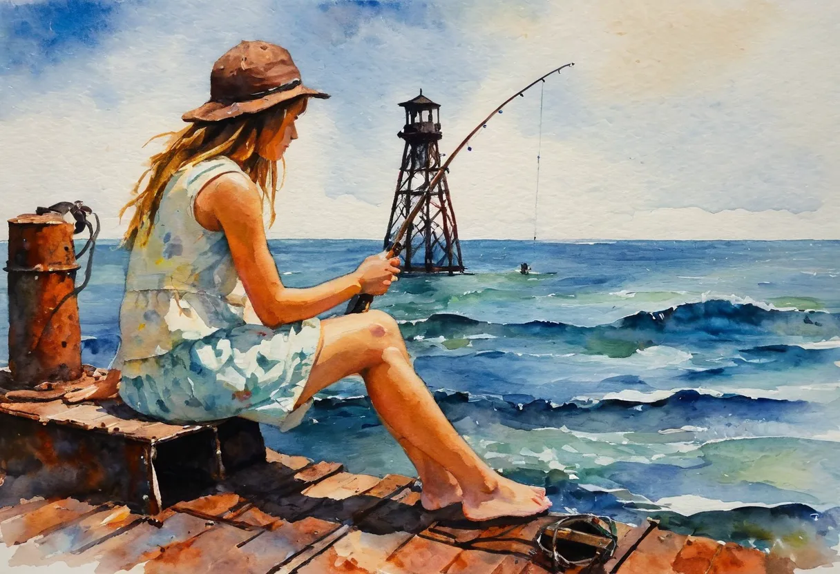 rough touch watercolor painting, impasto, 1girl, fishing, sitting on the rusty steel tower on the sea