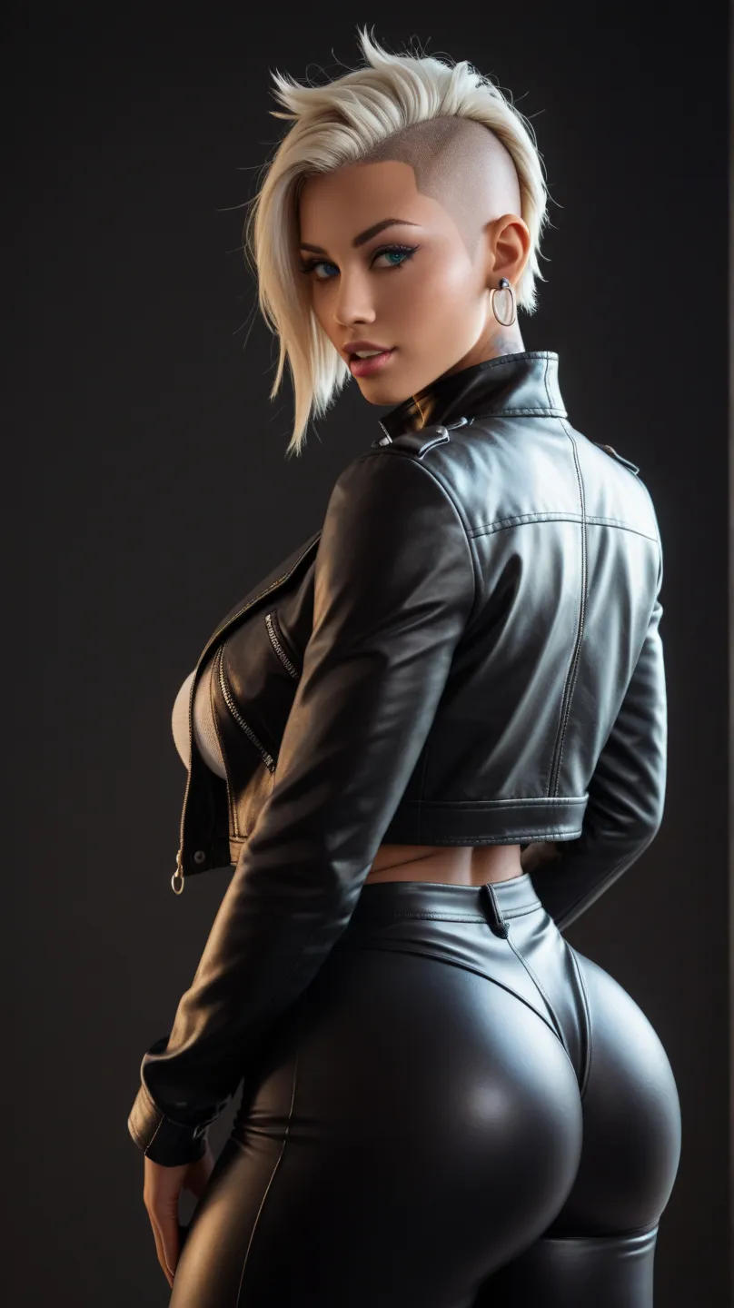     Black Woman, alone, dark chocolate colored skin, white hair,  blue eyes, mohawk hair, leather jacket, toys, piercing,  big jacket, big boobs,  from the back to the viewer , sweater looking at the viewer, Sorriso Rebelde , tongue out, simple bottom,  Da...