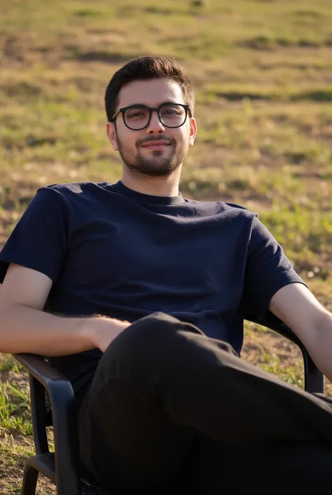 A stylish young morocan 20 yeras old man with a relaxed posture, with a square shape face, short dark brown hair, dark brown eyes, with goatee, wearing black round glasses, smiling, reclining on a black metal chair in an outdoor setting with grass ground. ...