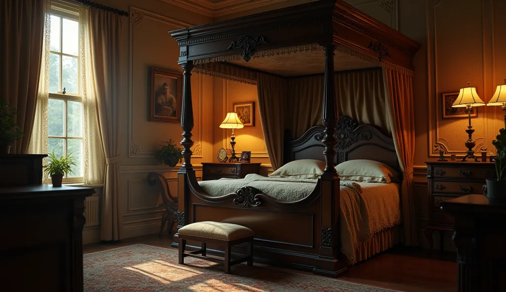 Ultra realistic room of a schoolgirl with a four-poster bed, in London in 1918, at night, lit with gas or candle lights. Ultra realistic lighting, very slow forward movement of camera towards bed. No human presence   