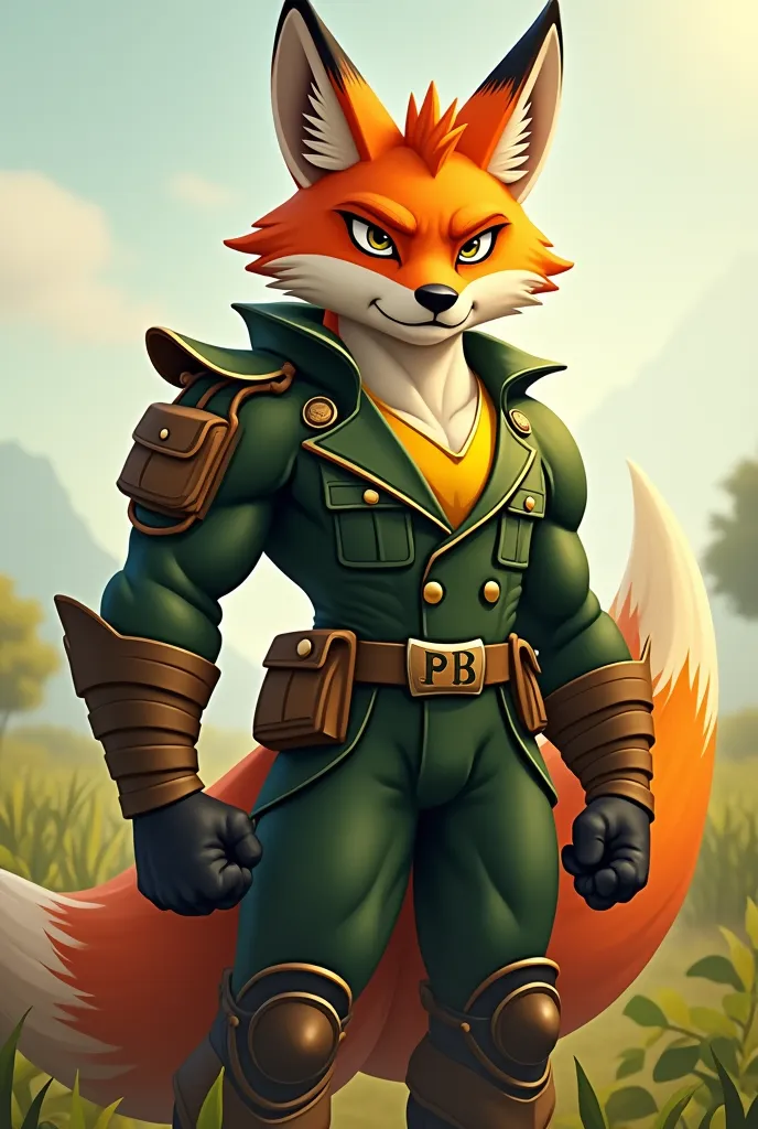 Create an imposing and strong fox, representing Harven Junior, a junior agribusiness consulting firm. It must have a half-human body, but clearly maintaining the characteristics of a fox, like pointy ears, the sharp muzzle and the tail bulky and voluminous...