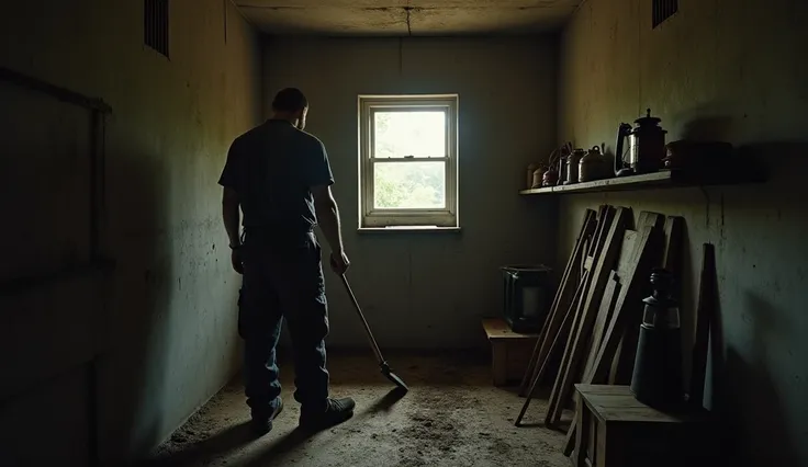 "First-person perspective of a man standing inside a small, dimly lit room, holding a shovel. The room appears to be a simple workspace within a cemetery, with worn wooden shelves containing tools such as pickaxes, gloves, and lanterns. The walls are made ...