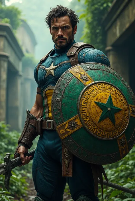 A hyper-realistic full body view of Captain America redesigned with an Amazonian warrior theme. His muscular body is covered in green, yellow, and blue tactical combat armor, inspired by the Brazilian flag. His shield is adorned with intricate tribal carvi...