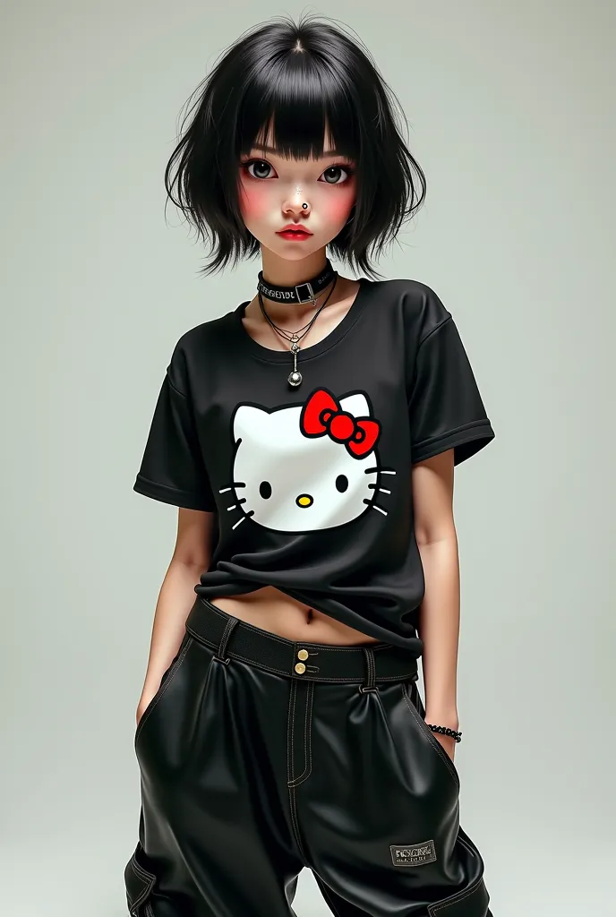 Hello Kitty character with short hair slightly exceeding the shoulders, the bangs around the eyebrows, with loose black pants and a black metallic t-shirt with a septum on the nose 