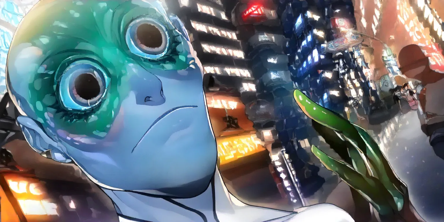 jade and crystalline modern city, building etched and painted with Asian stylings, some buildings brilliantly lit with colorful fluorescent lights, the pedestrians are blue skinned frog men (huge eyes, humanoid, mottled blue skin, long fingers, black cyber...