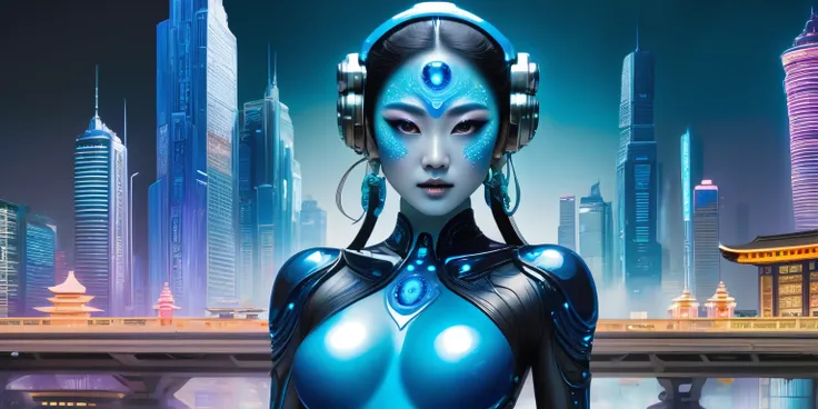 jade and crystalline modern city, building etched and painted with Asian stylings, some buildings brilliantly lit with colorful fluorescent lights, the pedestrians are blue skinned frog men (huge eyes, humanoid, mottled blue skin, long fingers, black cyber...