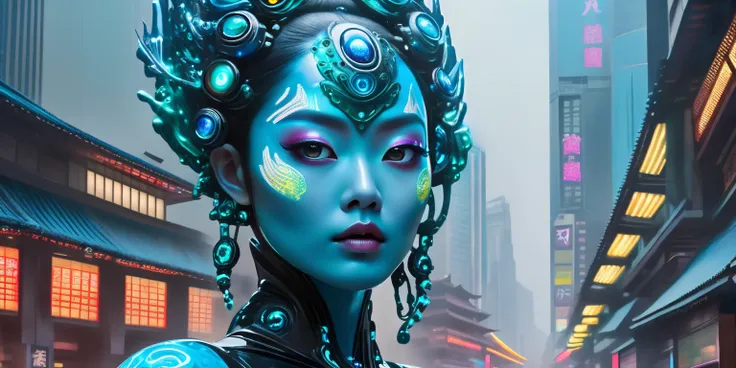 jade and crystalline modern city, building etched and painted with Asian stylings, some buildings brilliantly lit with colorful fluorescent lights, the pedestrians are blue skinned frog men (huge eyes, humanoid, mottled blue skin, long fingers, black cyber...