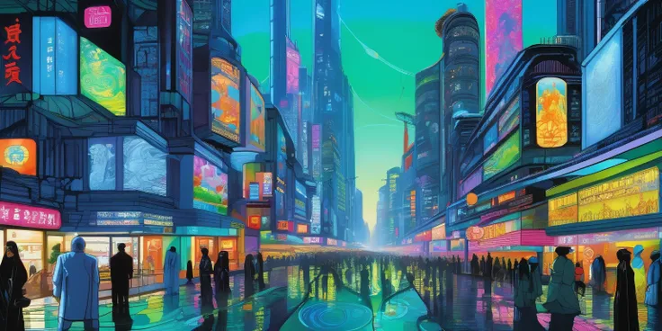 jade and crystalline modern city, building etched and painted with Asian stylings, some buildings brilliantly lit with colorful fluorescent lights, the pedestrians are blue skinned frog men (huge eyes, humanoid, mottled blue skin, long fingers, black cyber...