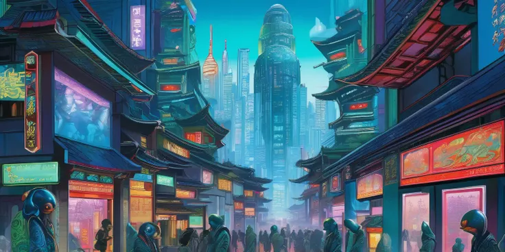 jade and crystalline modern city, building etched and painted with Asian stylings, some buildings brilliantly lit with colorful fluorescent lights, the pedestrians are blue skinned frog men (huge eyes, humanoid, mottled blue skin, long fingers, black cyber...