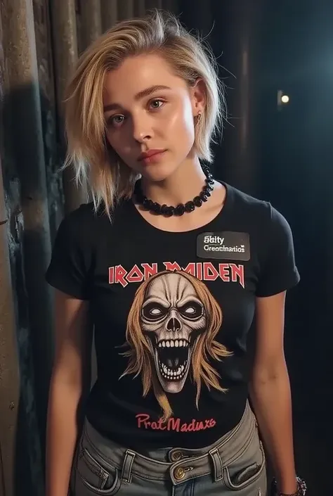 chloé short hair who wears a iron maiden t-shirt and ripped jeans flirt