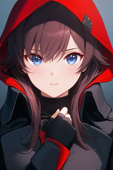 Anime woman, short dark brown hair, dark blue eyes, black Cossack coat, Scarlet red hood, dark grey fingerless gloves,