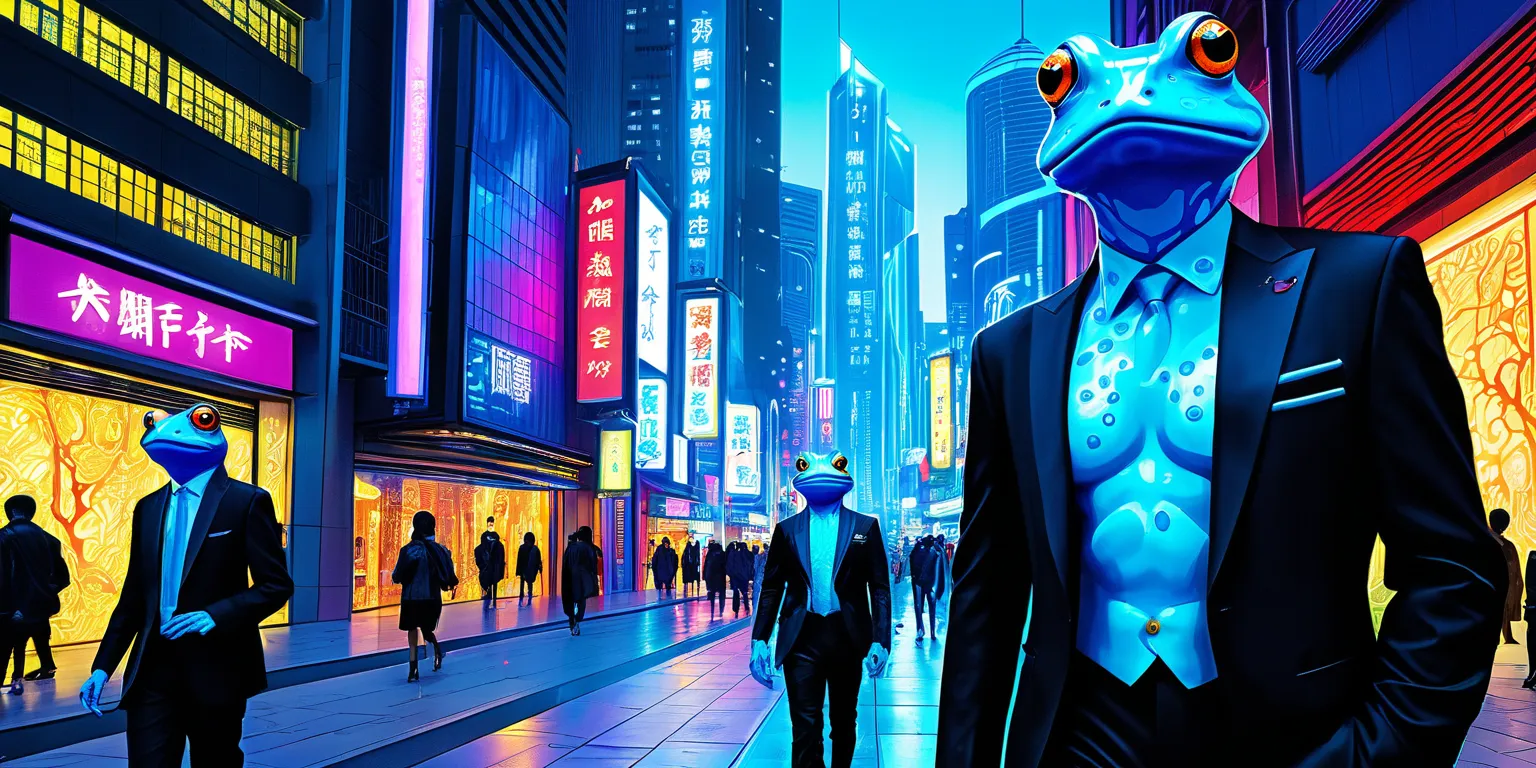 jade and crystalline modern city, building etched and painted with Asian stylings, some buildings brilliantly lit with colorful fluorescent lights, the pedestrians are blue skinned frog men (huge eyes, humanoid, mottled blue skin, long fingers, black cyber...