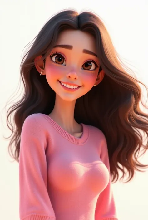 Pixar-type woman with long wavy dark brown hair color, king , smiling , dark brown eyes , is wearing a pink sweater, her hair is fluttering in the breeze on a white background
