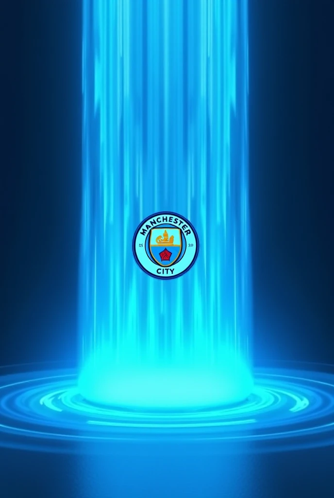 Manchester City shield cascading into a neon-blue digital waterfall, cyberliquid aesthetic by Beeple, iridescent sky-blue and silver gradients, glass-like refraction effects, minimalist negative space, vertical smartphone frame.