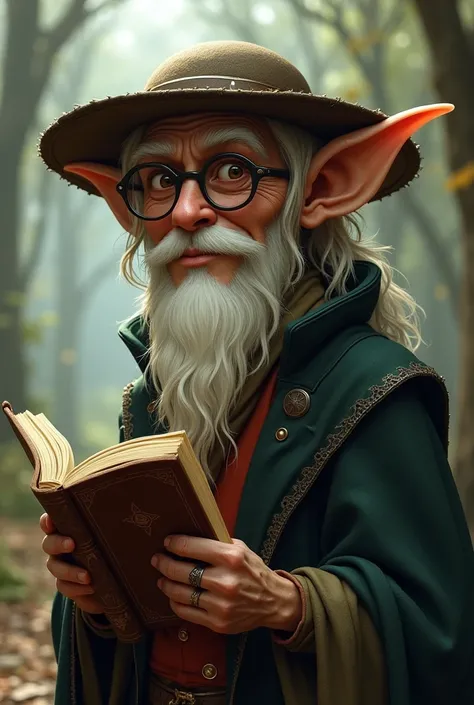 This carcater is half human half elf. A witty person who likes to talk about reading books, miamri art enjoying history, fantastic character with glasses with hat. In the background there is a country of elves. Krakter smiles and talks