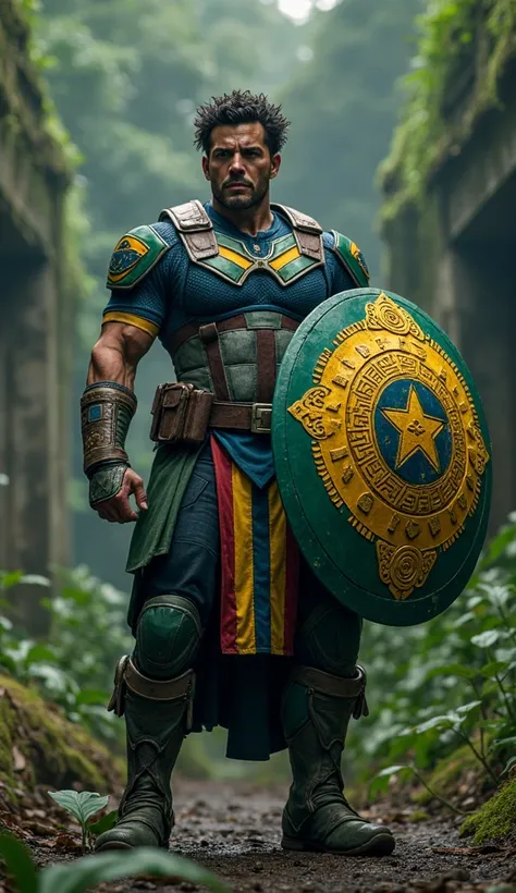 A hyper-realistic full body view of Captain America redesigned with an Amazonian warrior theme. His muscular body is covered in green, yellow, and blue tactical combat armor, inspired by the Brazilian flag. His shield is adorned with intricate tribal carvi...