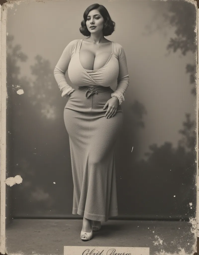  old photo, black and white color for picture, woman with short hair, tout le corps, année 1930, photo 1930, photo abîmé, hanche large, poitrine énorme 