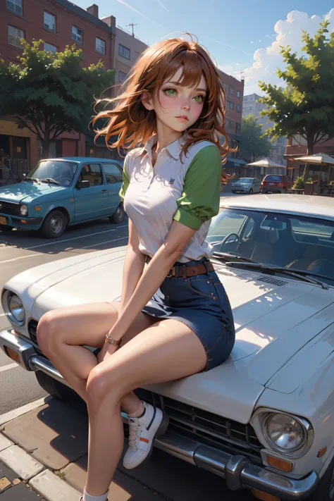  young girl, sitting posed at garden, car parking lot  far away, sunset sky, BREAK, (shoulder-length hair, dark-brown hair, orange-brown hair, multicolored hair), BREAK, ((half sleeves polo shirt (+white shirt, green sleeves, rolled up sleeves)), (royal-bl...