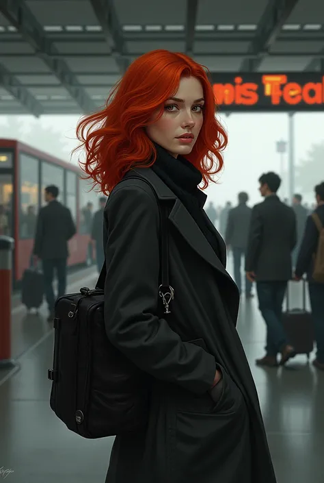 Create an illustration with a red-haired woman at a bus station 