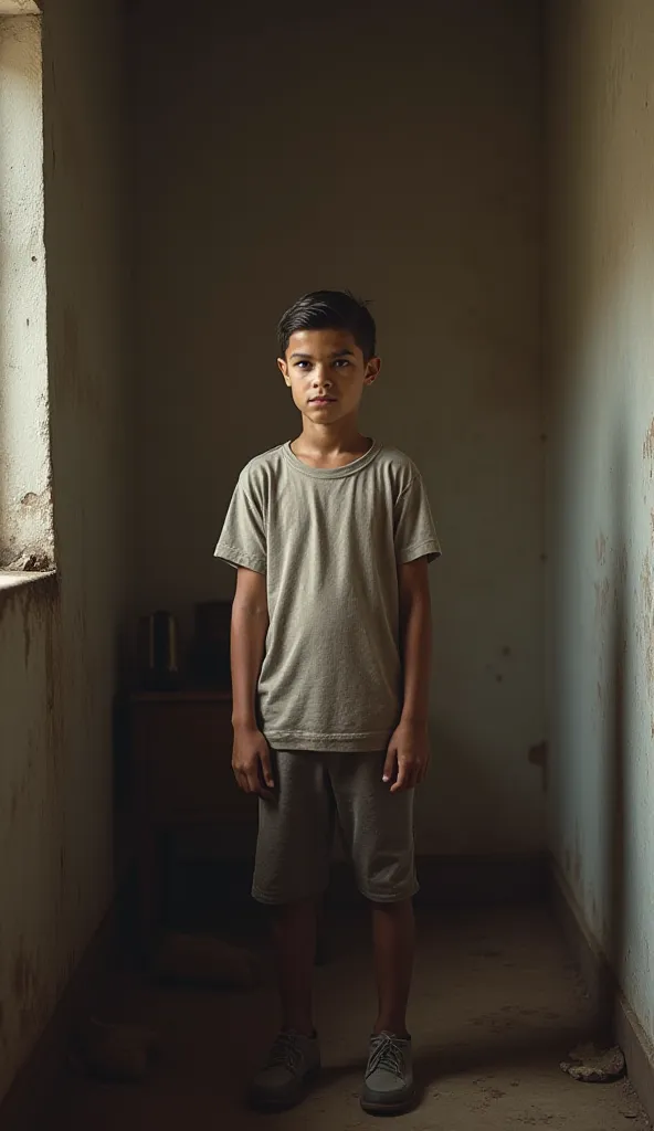  Cristiano Ronaldo young, thin, in simple clothes, in a small and humble room on Madeira Island, Portugal.