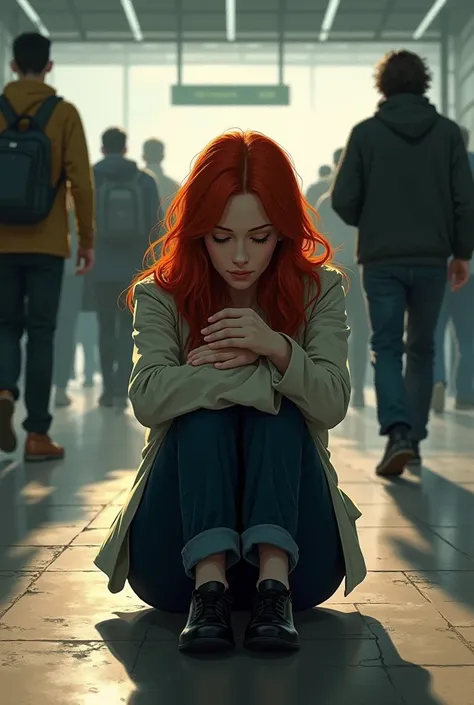 Create an illustration with a red-haired woman at a bus station sitting on the floor 