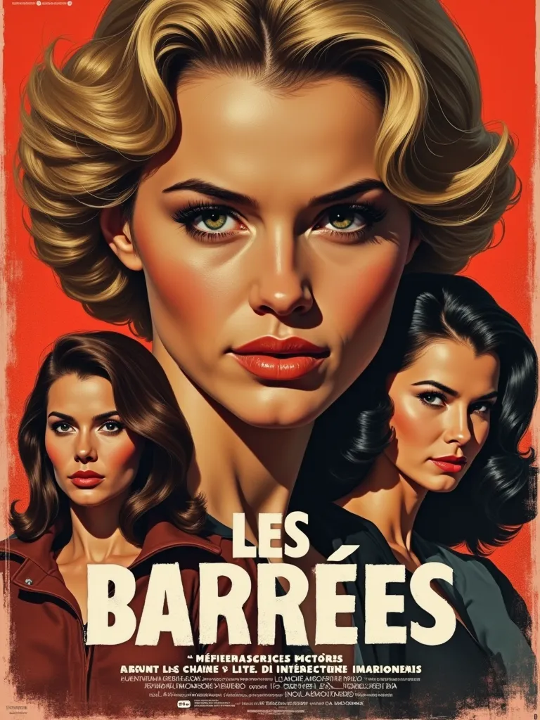 Affiche de film d'action actrice principale femme ange européenne aux cheveux très courts rasés sur les côtés avec des mèches blondes sur le dessus, avec un regard  espiègle tire légèrement la langue.  figurant 2 femmes aux cheveux longs brun et une femme ...