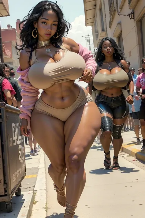 Chel,  black hair, dark skin, (run big breasts:1.6),  sagging breasts , tube top, (pink and beige top), Impossible clothes, (chest covered:1.2), thick legs,   bare feet ,  schmale Size, ( wide hips:1.1), Schmollend , full lips