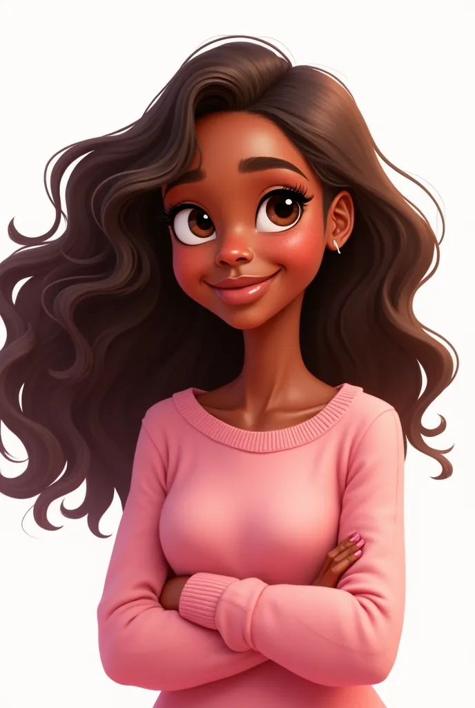 Pixar-type black woman with long wavy brown hair color,  smiling , brown eyes eyebrows , she is wearing a pink sweater her hair is fluttering in the breeze on a white background 