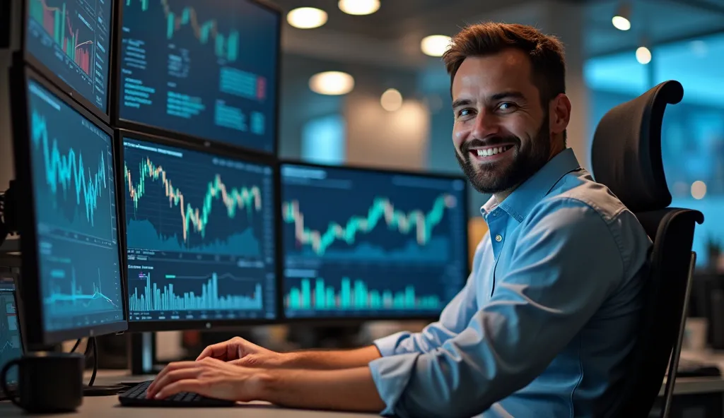 "A successful investor sitting in a modern office, analyzing stock market graphs on multiple computer screens. He is smiling confidently while checking his investments. In the background, there are icons of real estate, cryptocurrency, and startup business...