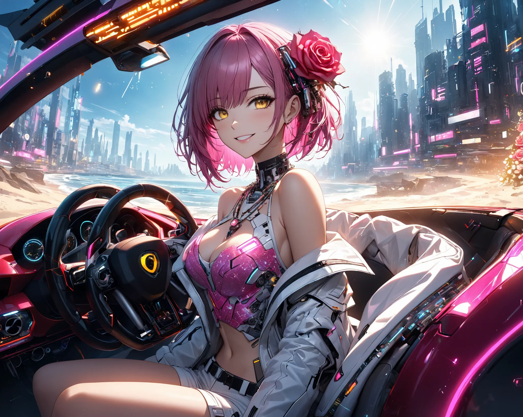 super realism、hyper realstic 1girl.cyberpunk、
(woman sitting in the driver seat of a sports car without a roof)
(Dark Pink Hair Medium Hair.yellow eyes.)
(White Leather Short Tech Jacket、 cyberpunk design 、 no bra、 jacket on bare skin 、shorts when sitting)...