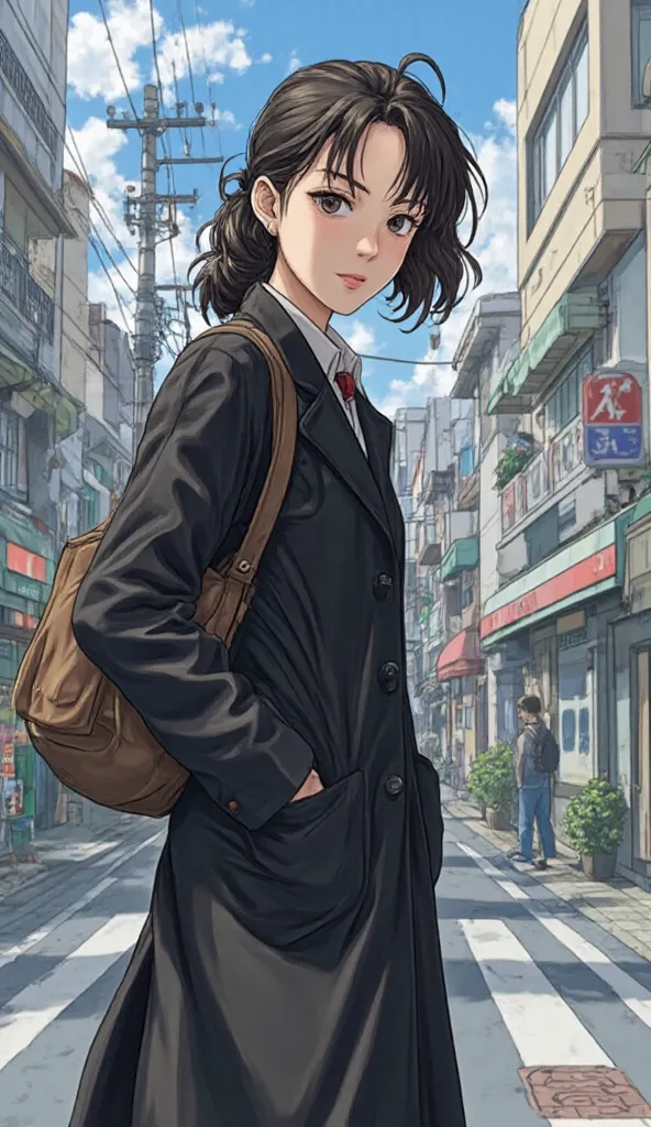 A japanese woman in an anime-inspired style, dressed as an adventurer from the '90s with a black coat. The background is set on a modern street in Tokyo, capturing the womans adventurous spirit. The illustration should have vibrant colors typical of Japane...