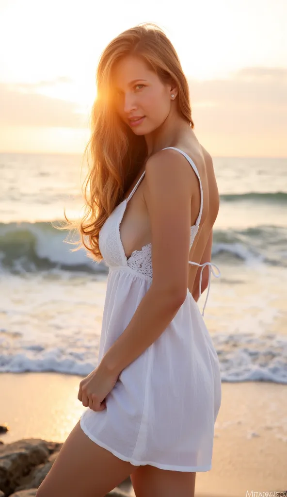 Profile picture of a beautiful 38 year Russian woman,she wearing a very short White dress,Pieds nus , connecting the sky to the sea and balance, the great waves of the sea to his right and to his left, sunset , Soft lighting in the back, facing camera 