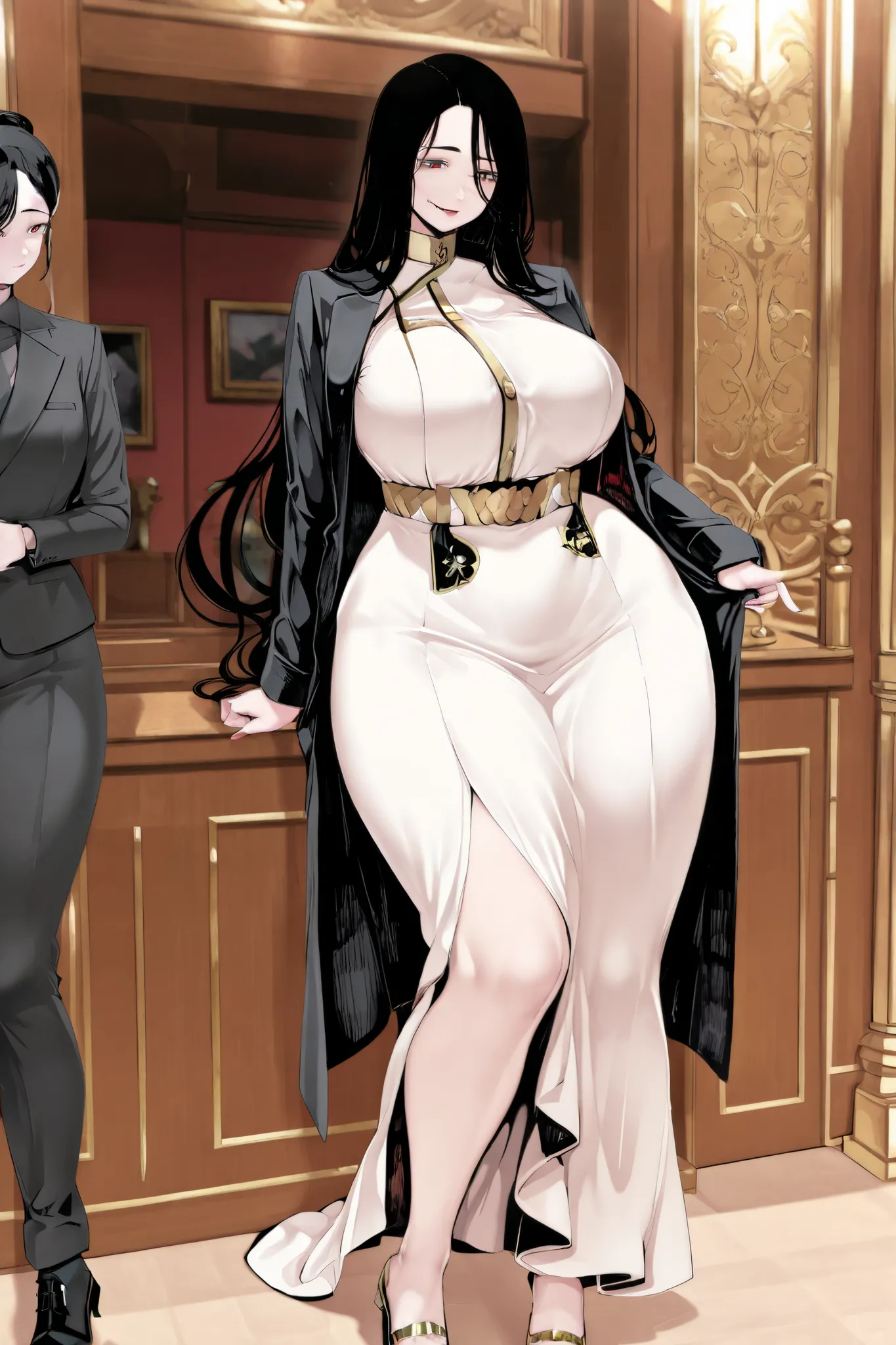 1woman, tall, big breasts, huge hips, thick thighs, long white dress with golden buttons,  black suit jacket, high heels, black hair, red eyes, sharp features, detailed picture