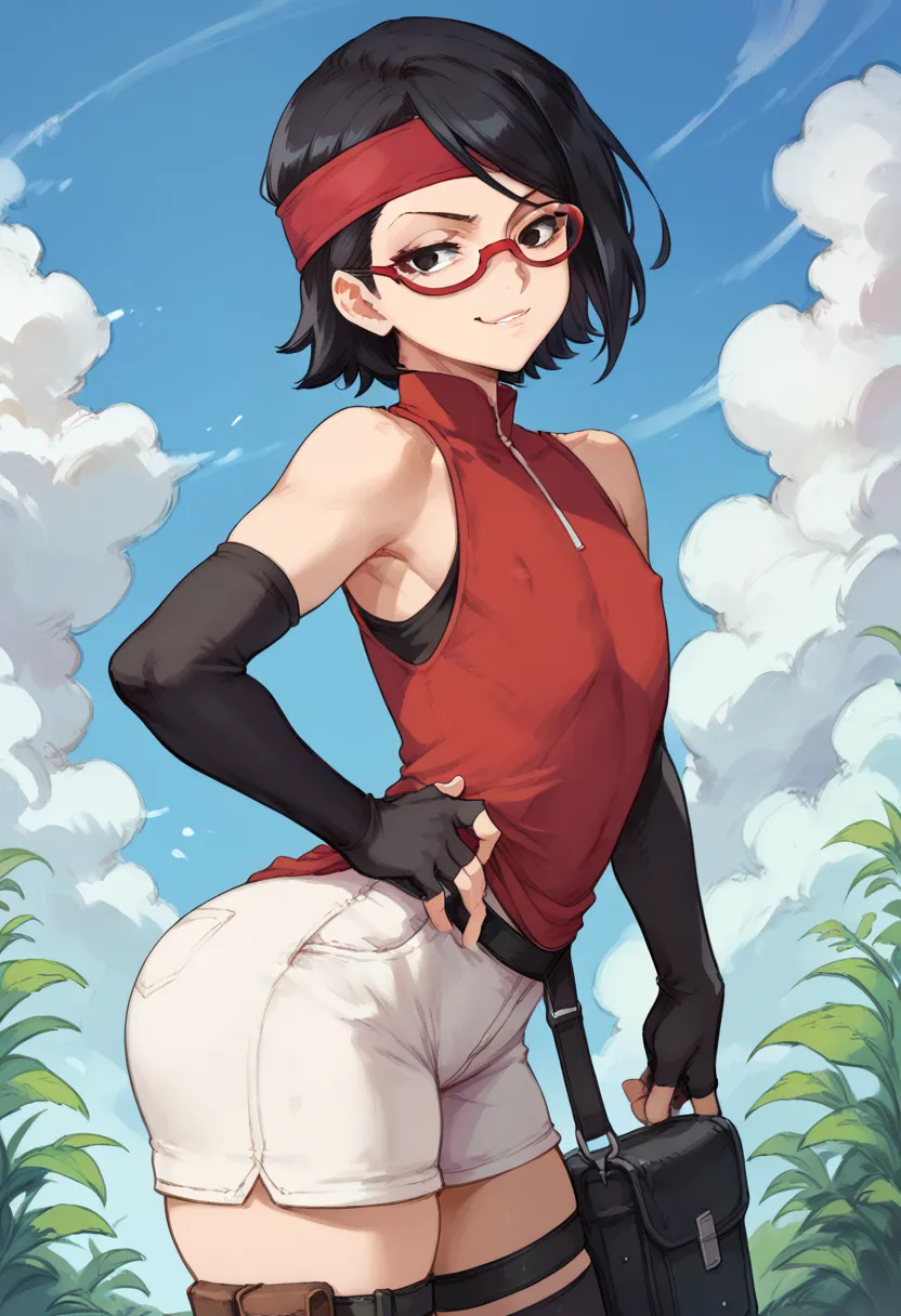 score_9_up, score_8_up, score_7_up, score_6_up, score_5_up, score_4_up, ,zPDXL2, solo, rating_safe, perfect face, perfect eyes, BBC_Chan Style, Sarada Uchiha, solo, 1girl, black hair, short hair, red-framed eyewear, headband, glasses, black eyes,red dress,...