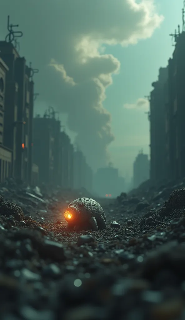 "A post-apocalyptic scene showing a nuclear explosion in the background. Amidst the devastation, a small tardigrade stands unharmed, glowing faintly as if unaffected by the destruction."