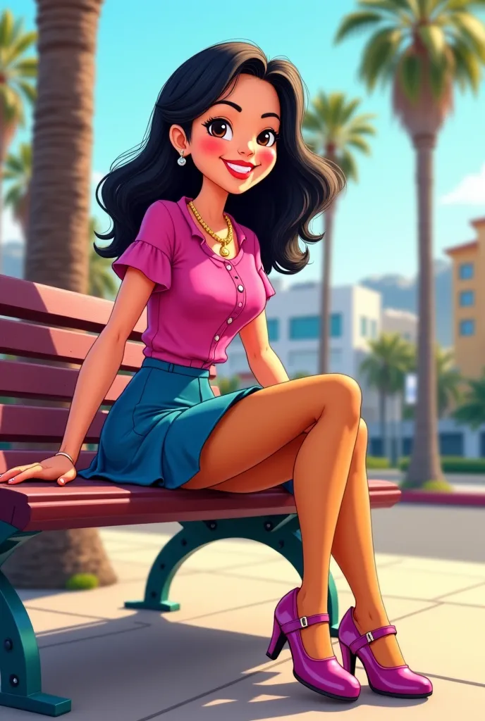 Tip: A very lovely  beautiful Asian American woman being happy alone on a bench in Downtown San Diego in the sun..The illustration is a high definition illustration with 4k resolution., with highly detailed facial features and cartoon style visuals, fuchsi...