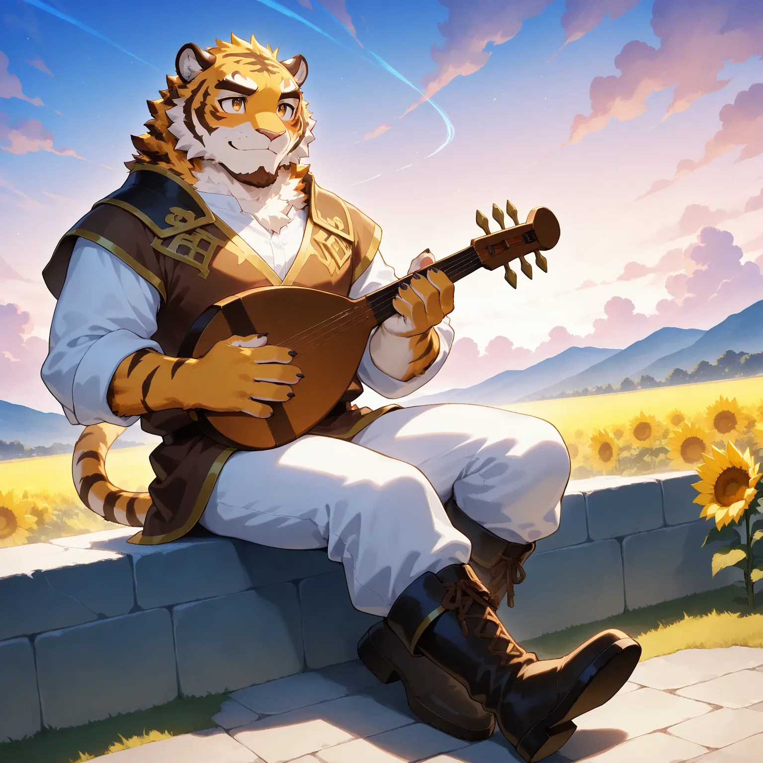 character focus, full body, looking away, dynamic angle, bard, middle-aged tiger man, happy, little smile, musical instrumentute lute, fantasy bard costume clothes, shirt, slacks, boots, sitting, musical lute performance, BREAK full body in Michelangelo Bu...