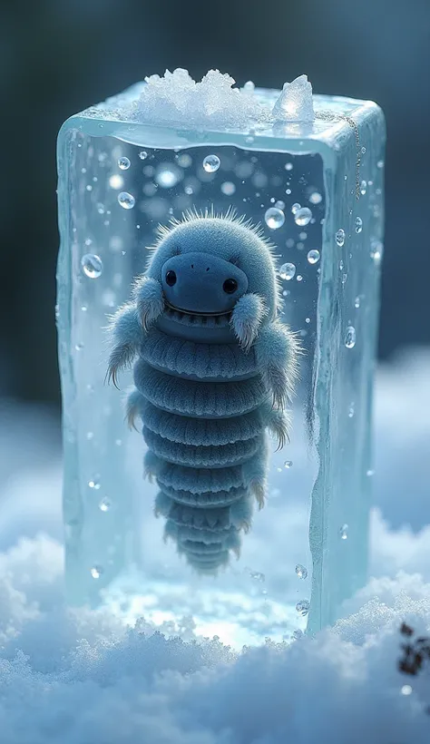 "A microscopic tardigrade completely frozen in ice, trapped in a crystallized state. Its tiny body is covered in frost, yet its structure remains intact."