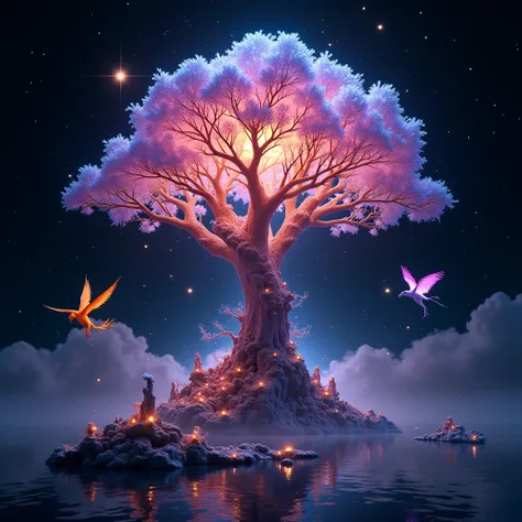 "Ultra HD fantasy scene on a jet-black background, 8K resolution, hyper-detailed, surreal and ethereal atmosphere. A glowing cosmic tree with bioluminescent leaves and swirling stardust roots, surrounded by floating crystal shards refracting prismatic ligh...