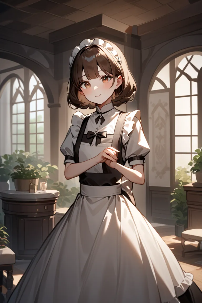 The painting depicts a maid about 35 years old, that radiates warmth and care. She has dark ones,  brunette hair,  packed in a neat bundle , which gives her a neat and professional look. Her face is soft and friendly, with a slight smile, which instantly b...