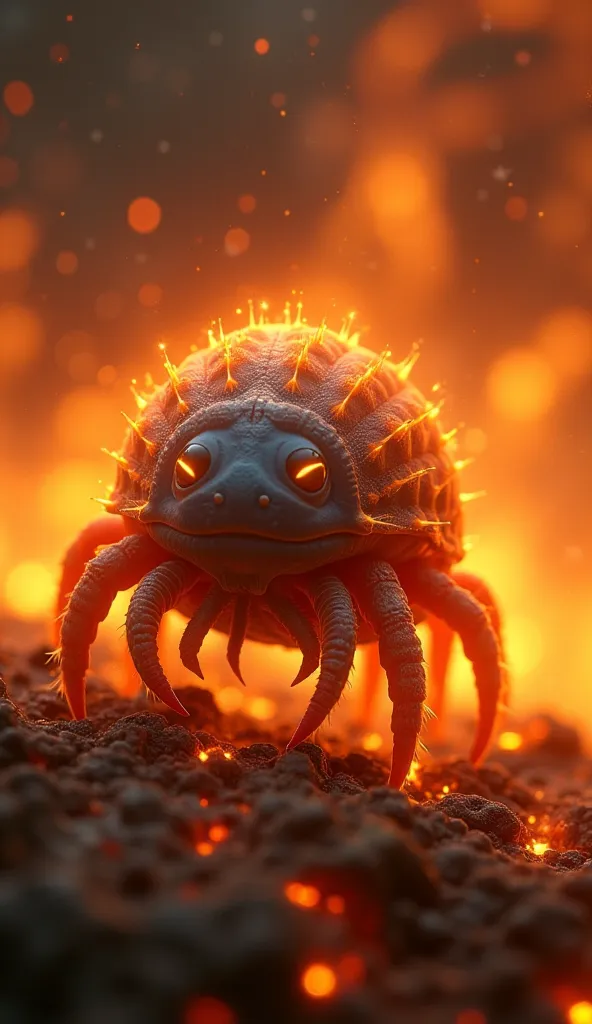 "A tardigrade walking through flames, its body completely unharmed. The fire swirls around it, but the creature remains unaffected, glowing with resilience."