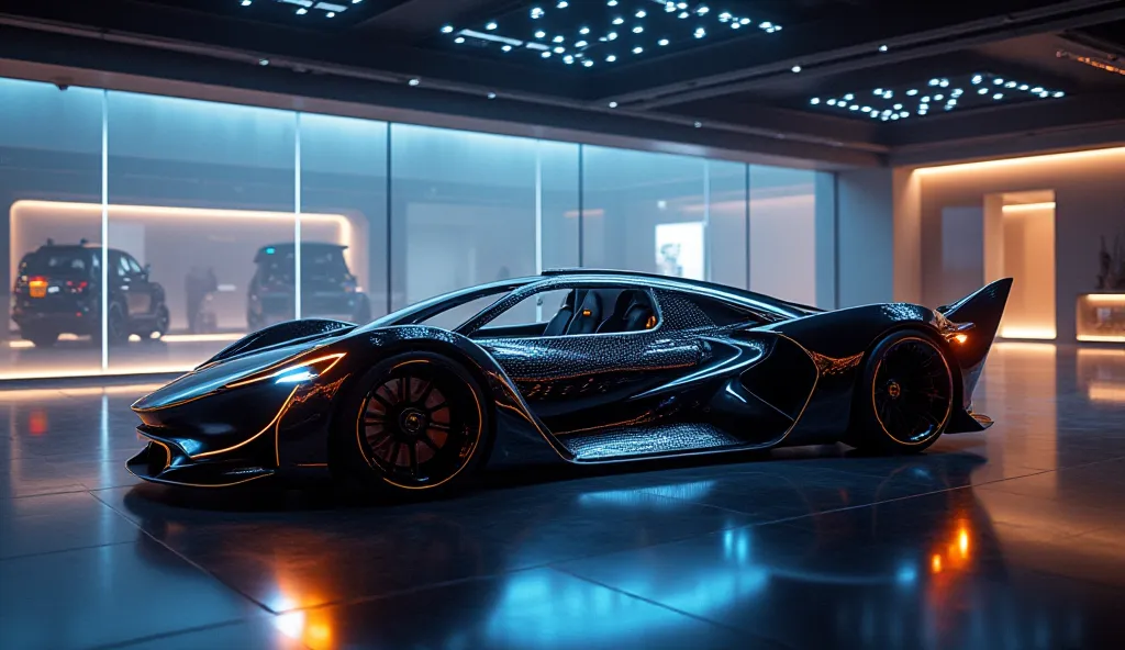 
"A futuristic 2035 ODR9 hypercar parked inside a high-end luxury showroom with ambient lighting and a modern glass-walled design. The interior is an ultra-luxurious blend of cutting-edge technology and premium materials. The expansive, curved OLED touchsc...