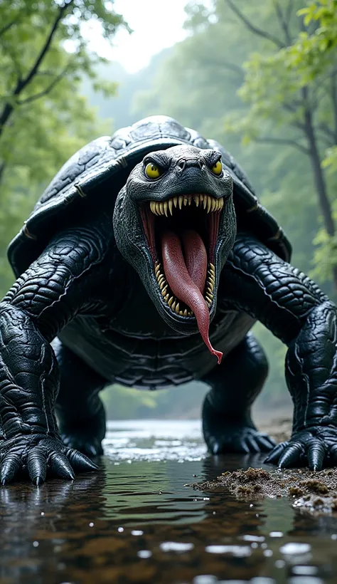 "A massive and terrifying turtle in Venom's style. Its body is completely covered in black, organic symbiote material with white veins pulsating through it. Its eyes are large and menacing, glowing in Venom’s signature style. Its mouth is wide and monstrou...