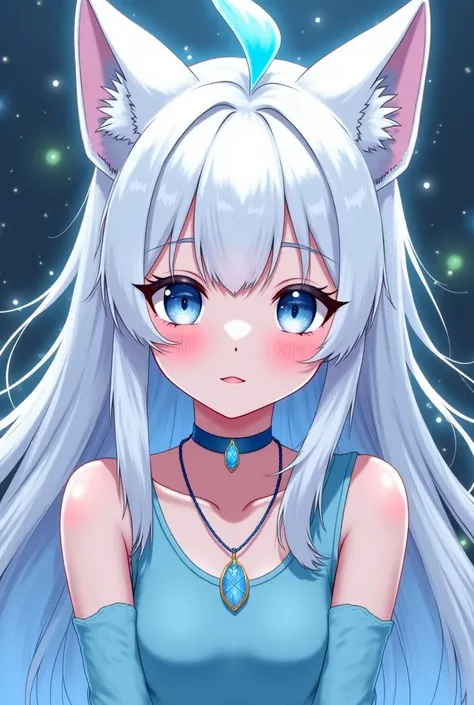 Girl long white hair with bangs wolf ears top light blue arm warmers light blue tuft of light blue hair necklace from TikTok anime content creator 